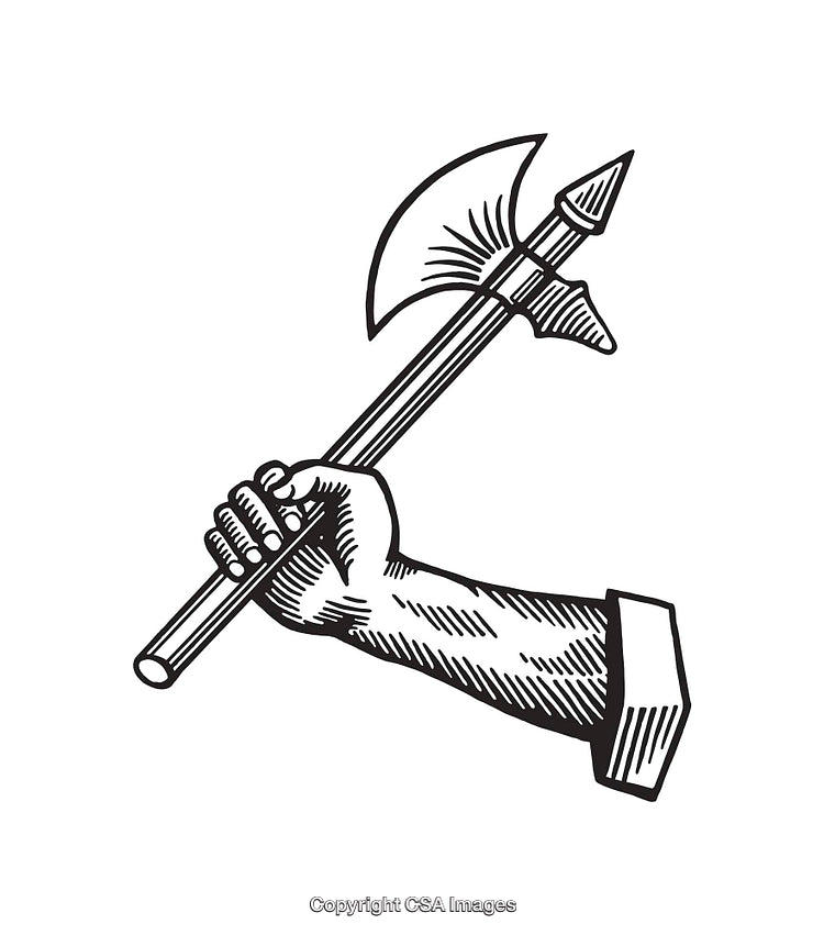Hand Holding Battleaxe Illustration in Black and White Line Art Style