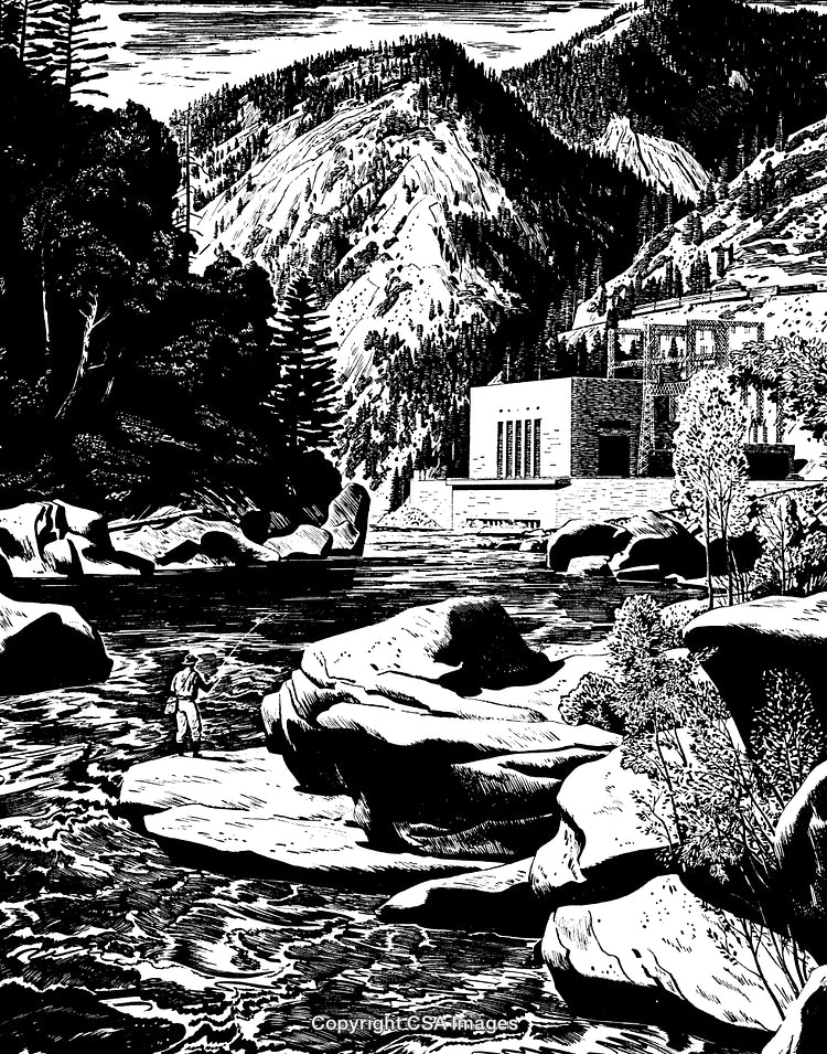 Detailed Black and White Engraving of River Fishing Scene in Mountainous Landscape