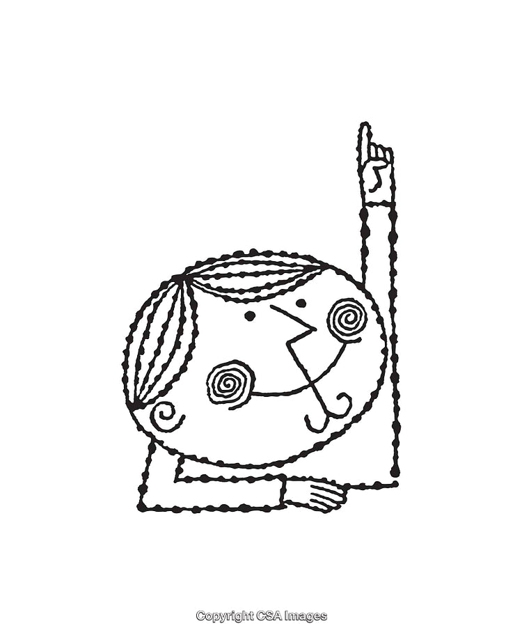 Illustrative Black and White Artwork of Curious Character Raising Hand
