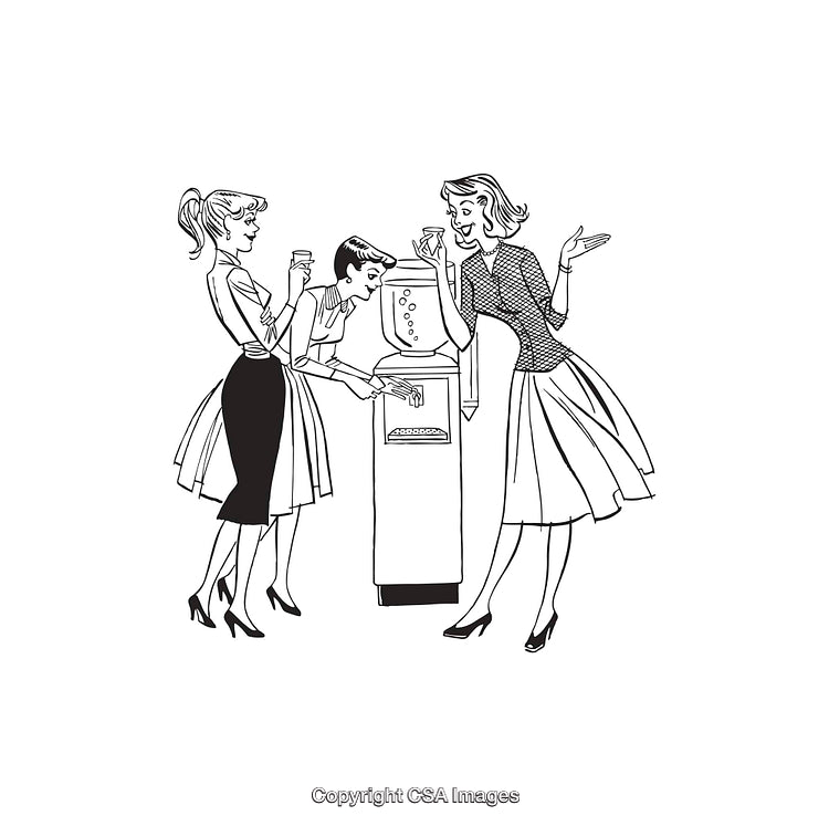 Vintage Line Art of Women Conversing Around a Water Cooler