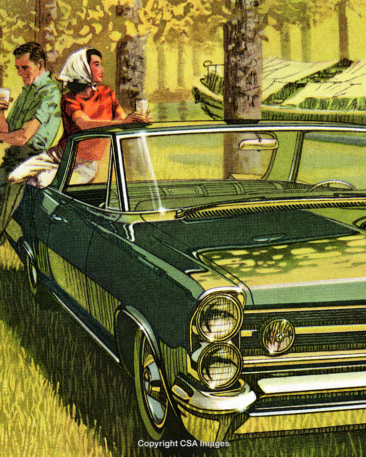 Vintage Illustration of Friends with a Classic Car in a Forest Setting