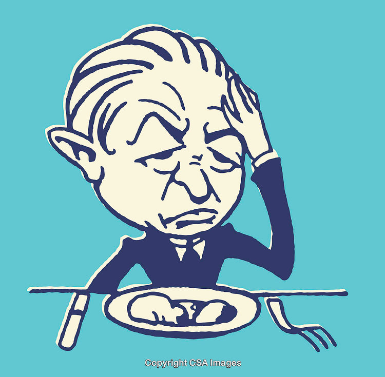 Cartoon of a Concerned Man Sitting at the Dinner Table