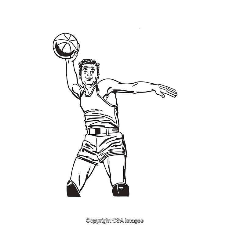Dynamic Vintage Style Illustration of a Basketball Player Throwing a Ball in Action