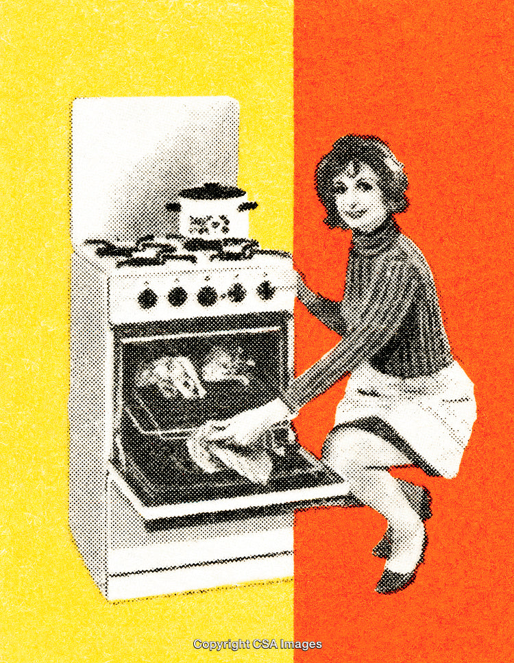 Retro Style Chef Cooking with Oven and Stove in Vibrant Colors