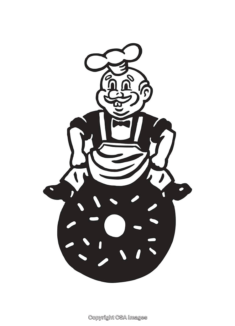 Chef Cartoon Sitting on Doughnut in Black and White Line Art