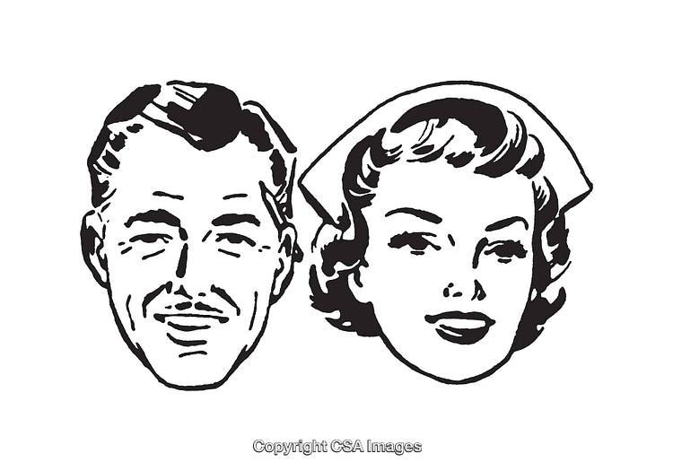 Vintage Black and White Portrait of Smiling Man and Woman Line Art