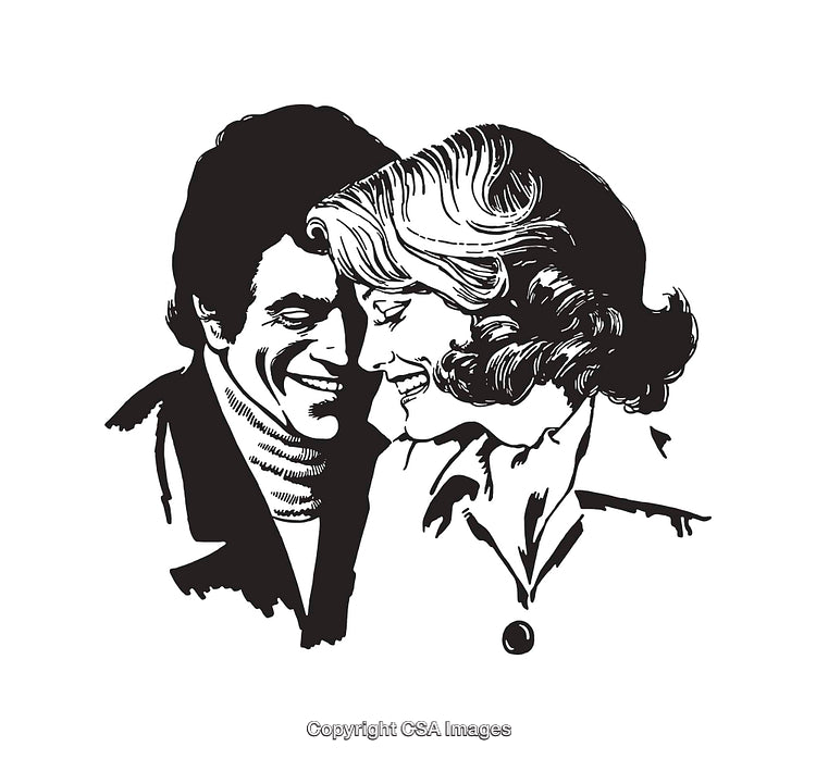 Black and White Line Art of Couple Sharing a Happy Moment Smiling