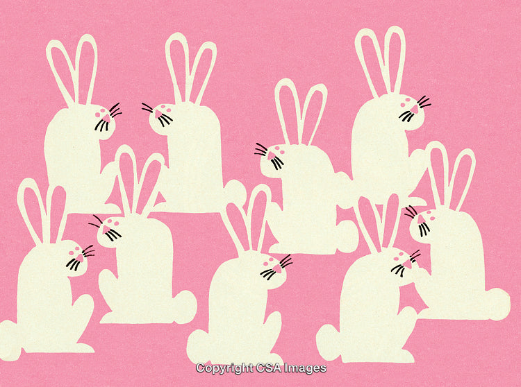 Cute Illustration of Playful White Rabbits on a Pink Background