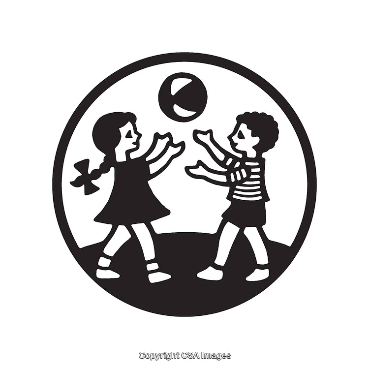 Black And White Line Art of Children Playing With a Ball