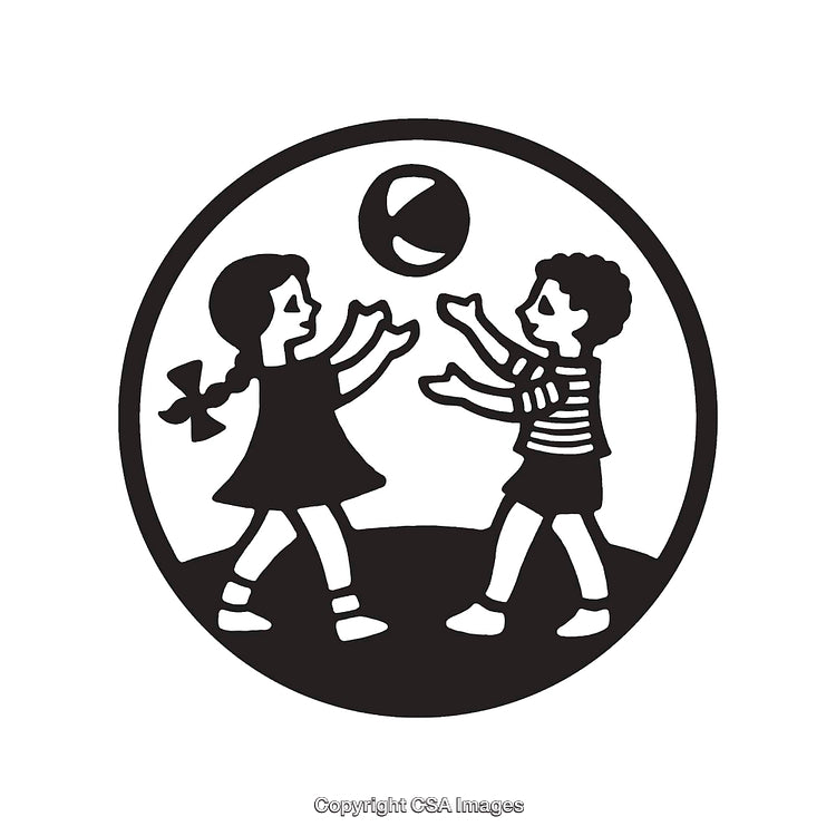 Black And White Line Art of Children Playing With a Ball