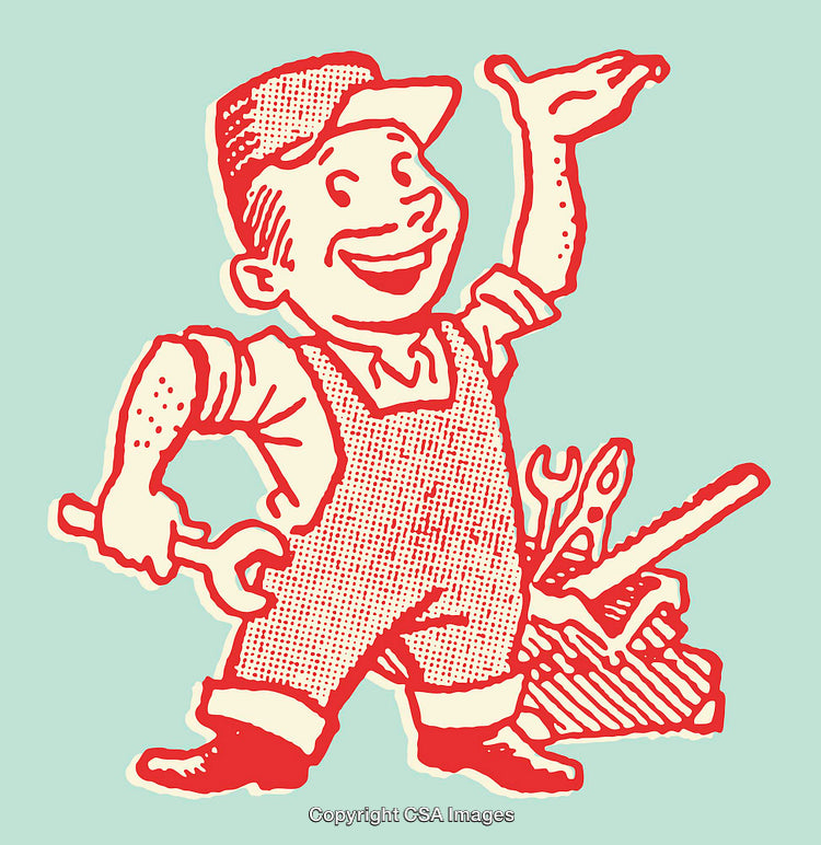 Vintage Line Art of a Handy Worker With Tools and A Cheerful Attitude