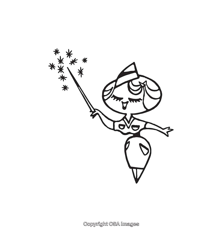 Black and White Line Art Illustration of a Retro Character with Magic Wand