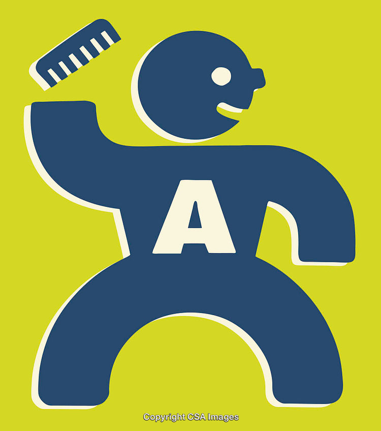 Abstract Blue Figure Holding a Comb on a Bright Yellow Background