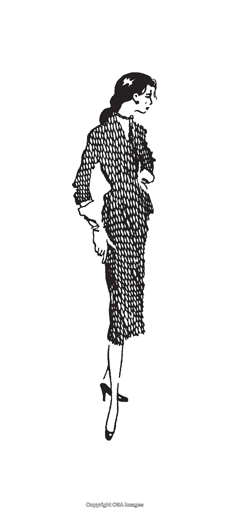 Elegant Black and White Illustration of a Woman in Vintage Clothing
