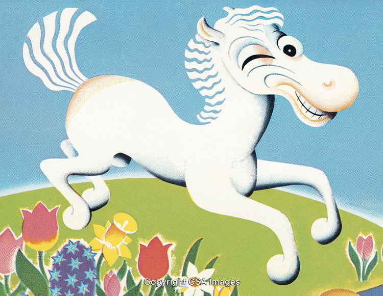 Playful Cartoon Horse Galloping Over Colorful Meadow of Flowers