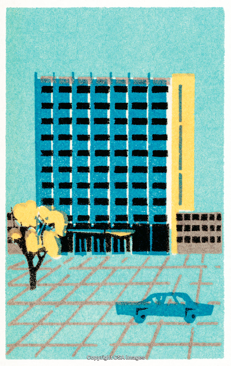 Modern Mid-Century Illustration of a Tall Building With Minimalist Design