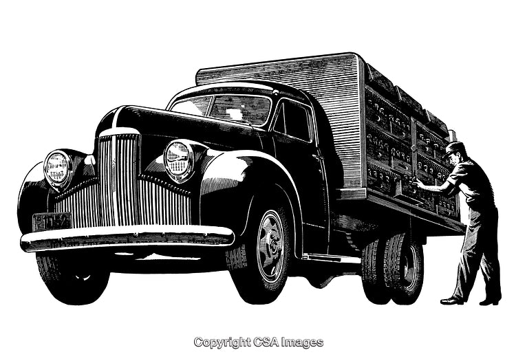 Vintage Truck Illustration with Worker Loading Cargo In Black and White