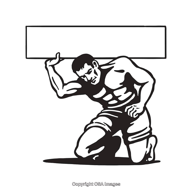 Black and White Illustration of a Strongman Holding a Blank Sign Board