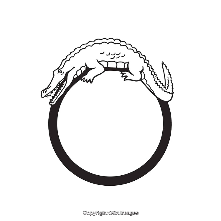 Black and White Ouroboros Line Art Featuring a Crocodile Symbol