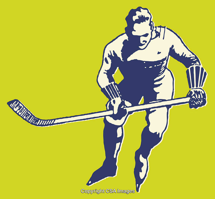 Retro Hockey Illustration Depicting a Player with Stick on Bright Background