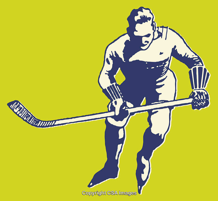 Retro Hockey Illustration Depicting a Player with Stick on Bright Background
