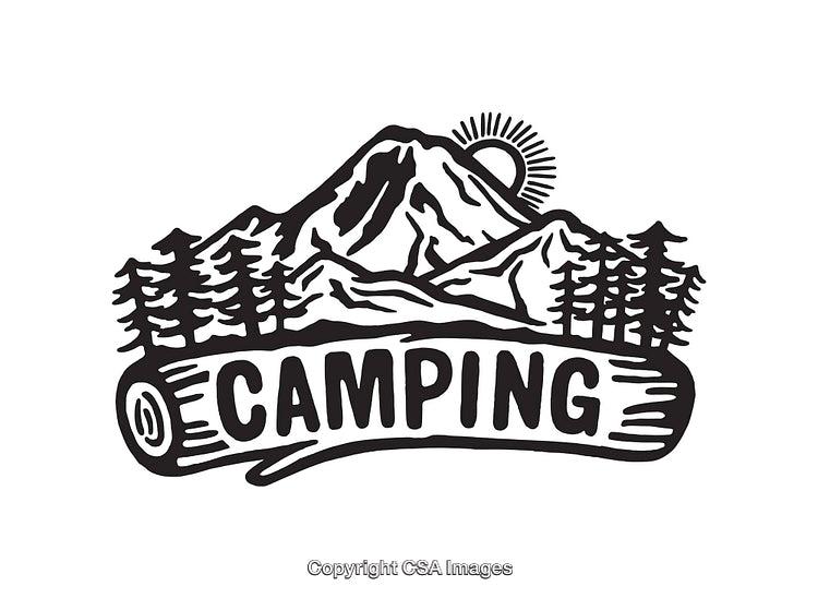 Black and White Camping Illustration Featuring Mountains, Trees, and Rustic Lettering