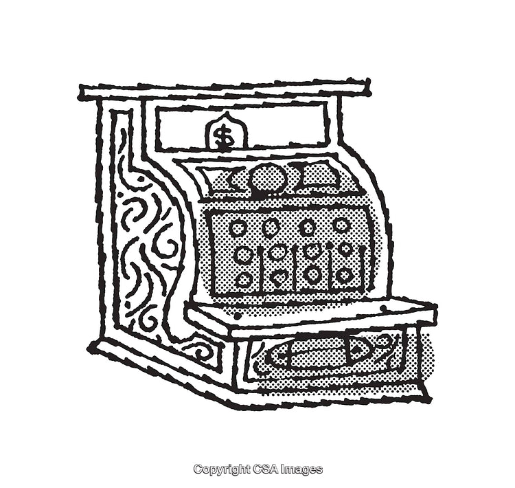 Intricate Black and White Line Art Illustration of a Vintage Cash Register