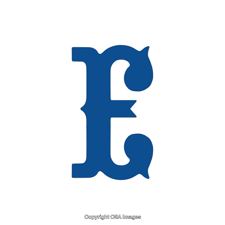 Blue Letter E in Bold Artistic Serif Typeface on White Background