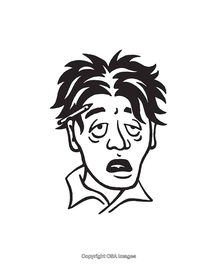 Tired Cartoon Style Character with Messy Hair and Exhausted Expression