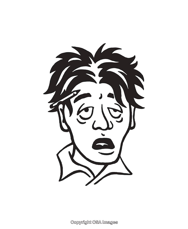 Tired Cartoon Style Character with Messy Hair and Exhausted Expression
