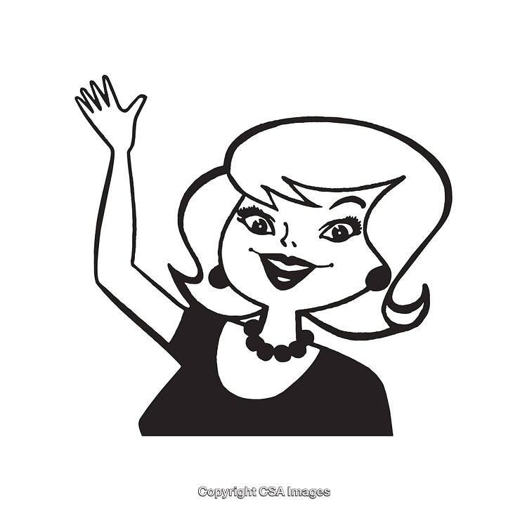 Black and White Retro Style Line Art Woman Waving Its Hand