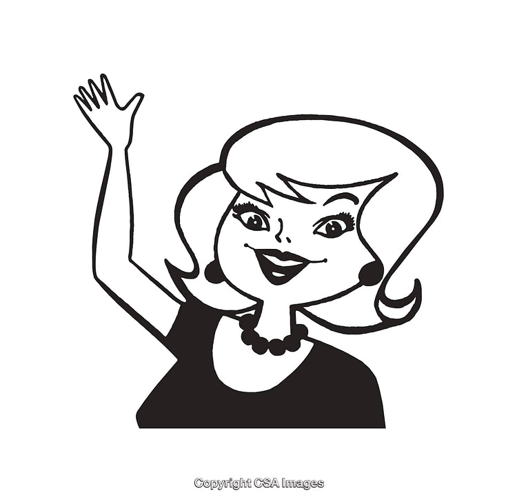 Black and White Retro Style Line Art Woman Waving Its Hand