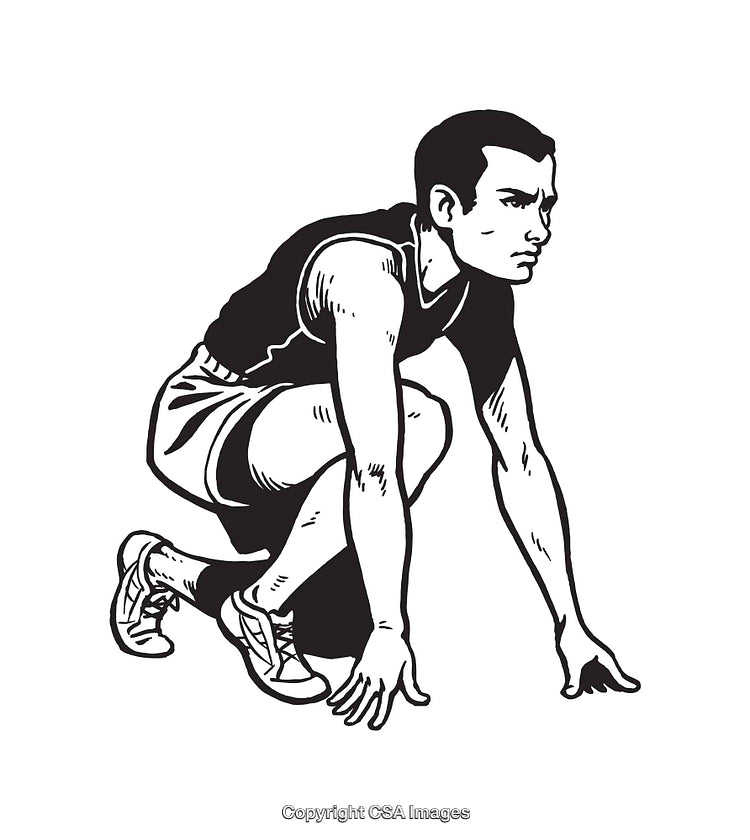 Black and White Illustration of a Sprinter Preparing to Run