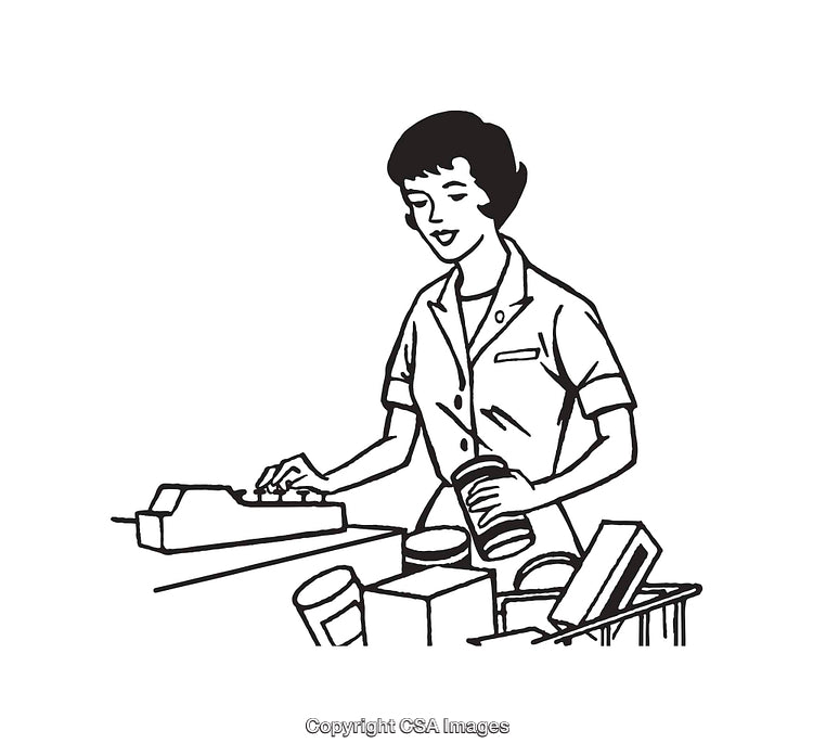 Illustration of a Groceries Cashier Operating Checkout Register