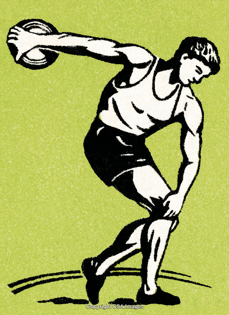 Illustration of an Athlete Throwing a Discus on a Green Background