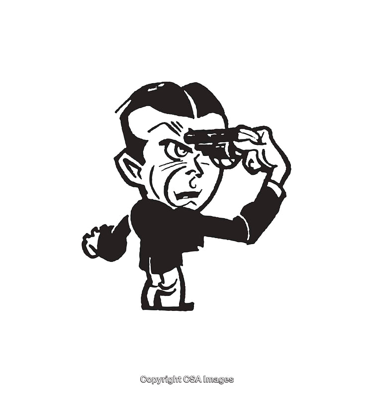 Black and White Line Art of a Thoughtful Cartoon Character Saluting