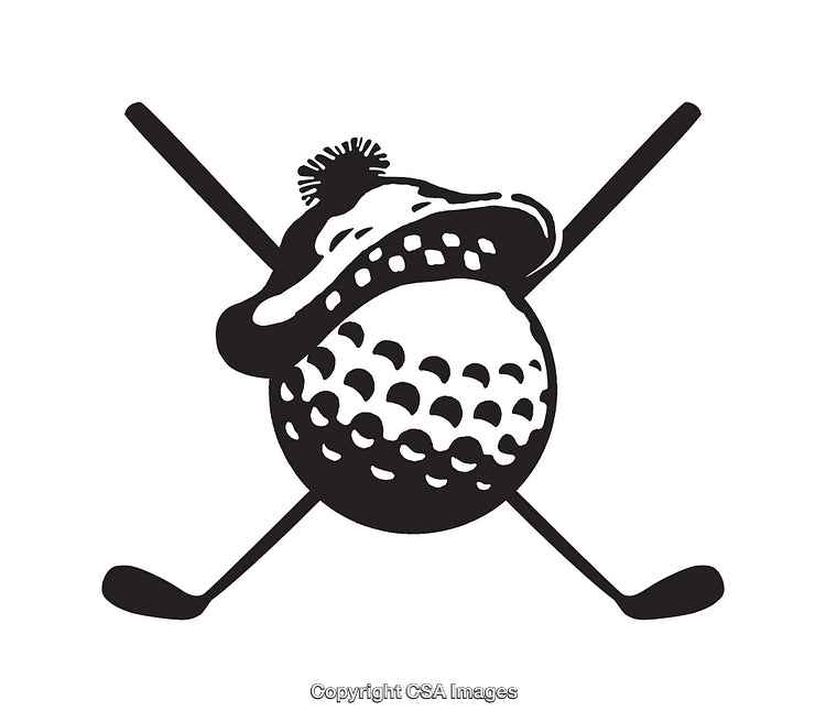 Black and White Artistic Golf Ball and Crossed Clubs Illustration