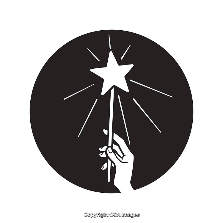 Black and White Line Art of a Hand Holding a Star Wand