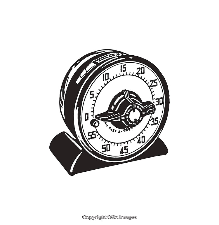 Vintage Kitchen Timer Line Art in Black and White Illustration Style