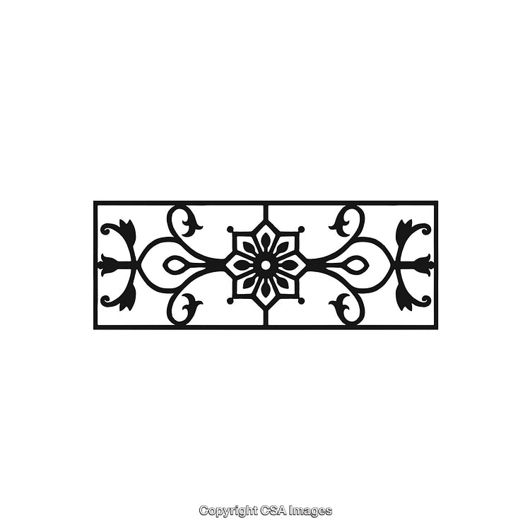 Black and White Decorative Ornament with Floral and Scrollwork Design