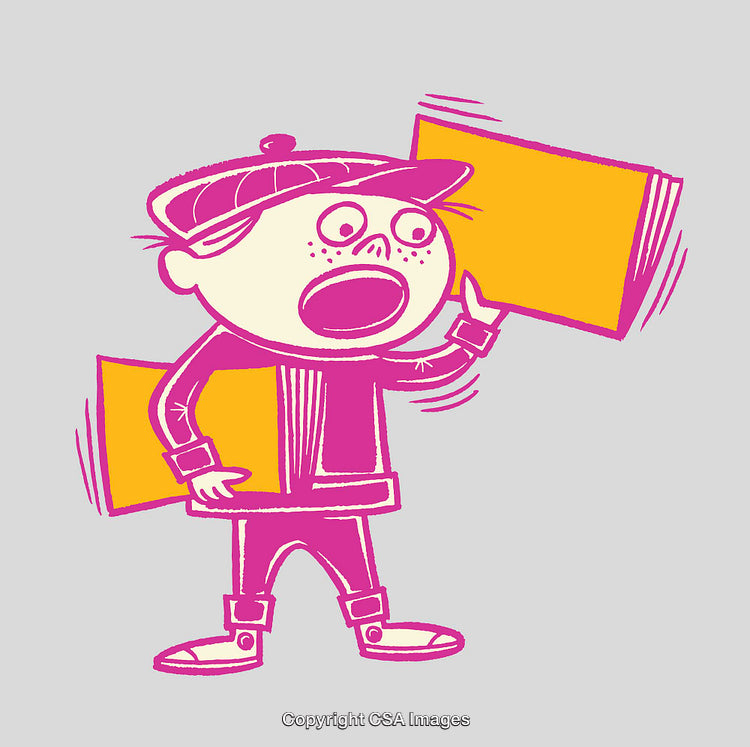 Colorful Cartoon of a Shouting Child Holding Signs in Line Art