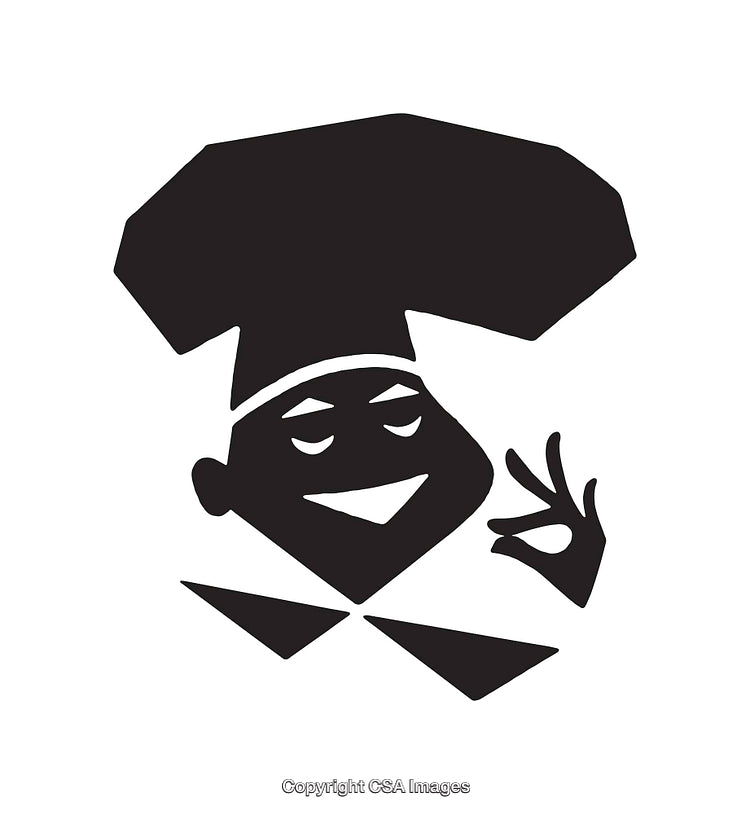 Stylized Chef Illustration in Black and White Line Art Style