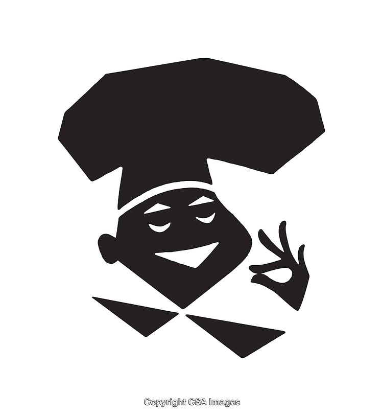 Stylized Chef Illustration in Black and White Line Art Style