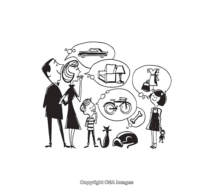 Black and White Illustration of a Family with Dream Thought Bubbles