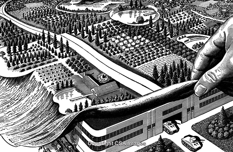 Detailed Black And White Engraving of Nature and Industrial Elements