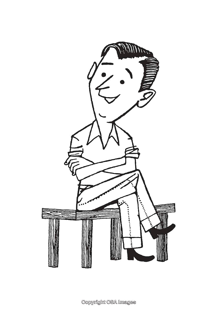 Black And White Illustration of a Man Sitting Cheerfully on a Bench
