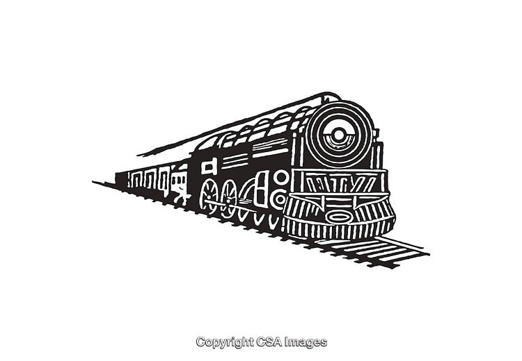 Vintage Locomotive Black and White Line Art Illustration on White Background