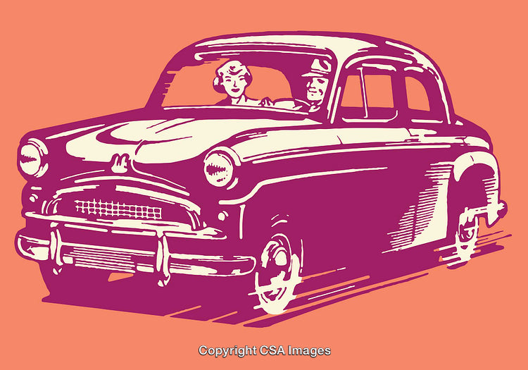 Vintage Line Art Illustration of a Retro Car with Passengers