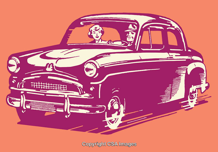 Vintage Line Art Illustration of a Retro Car with Passengers