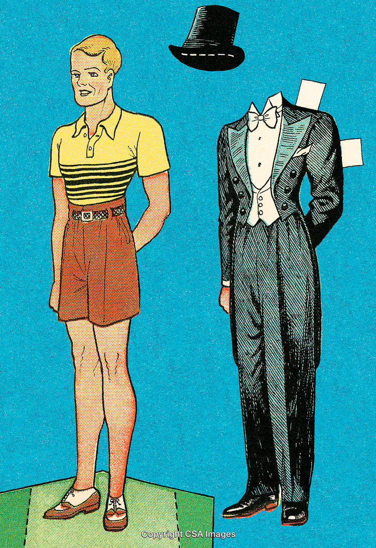 Vintage Paper Doll Illustration with Formal and Casual Clothing Options